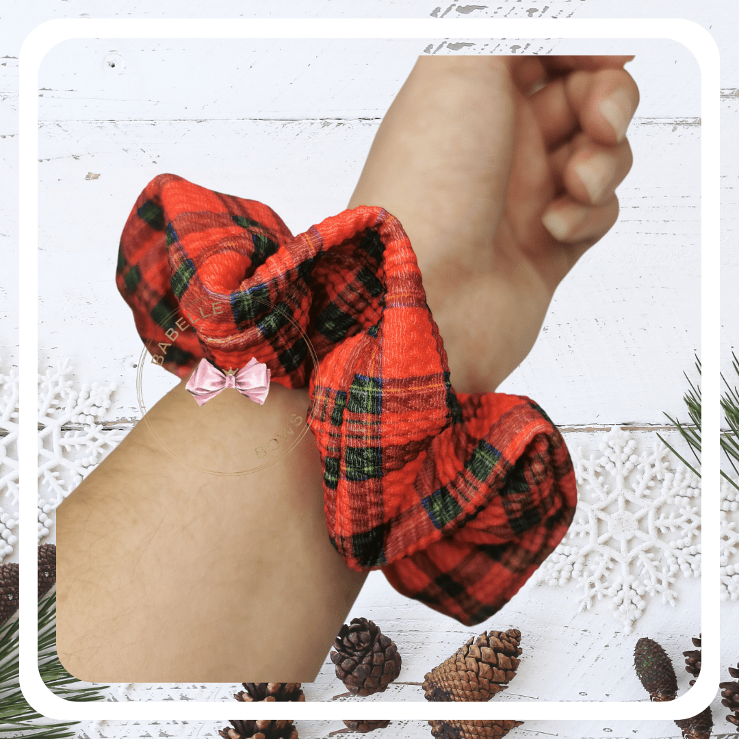 BaBelle Bows Hair Accessories Red and Green Chequered Tartan Snag Free Hair Scrunchies